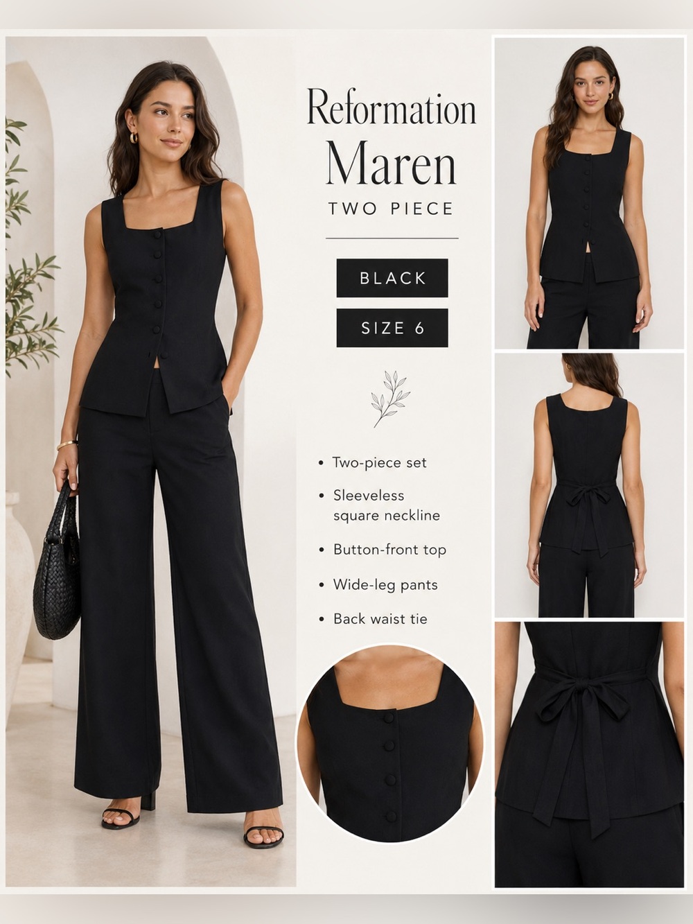Reformation Maren Two Piece Black Vest & Wide Leg Pant Set Size 6 NWOT DM1